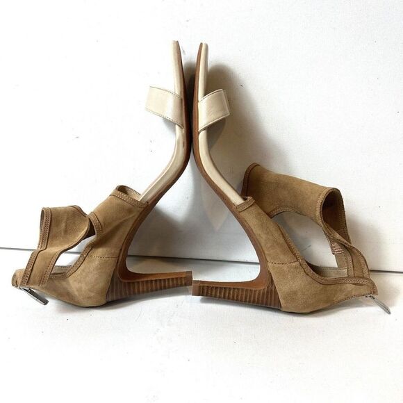 Tahari Suede Leather Heeled Sandals Women's Sz 9M Brown Beige Open Toe Back Zip - Picture 5 of 12